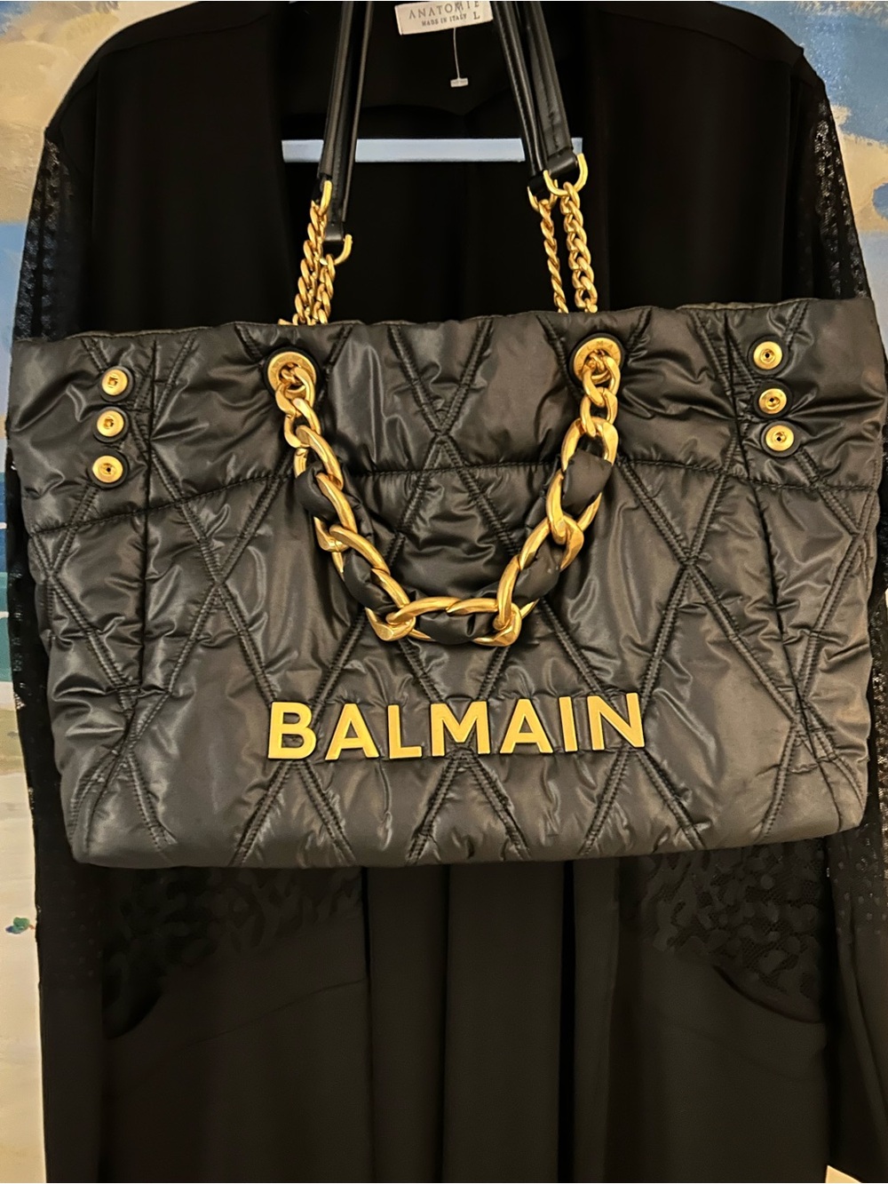 Balmain Black Quilted Tote with Gold Hardware and tags - Picture 9 of 13